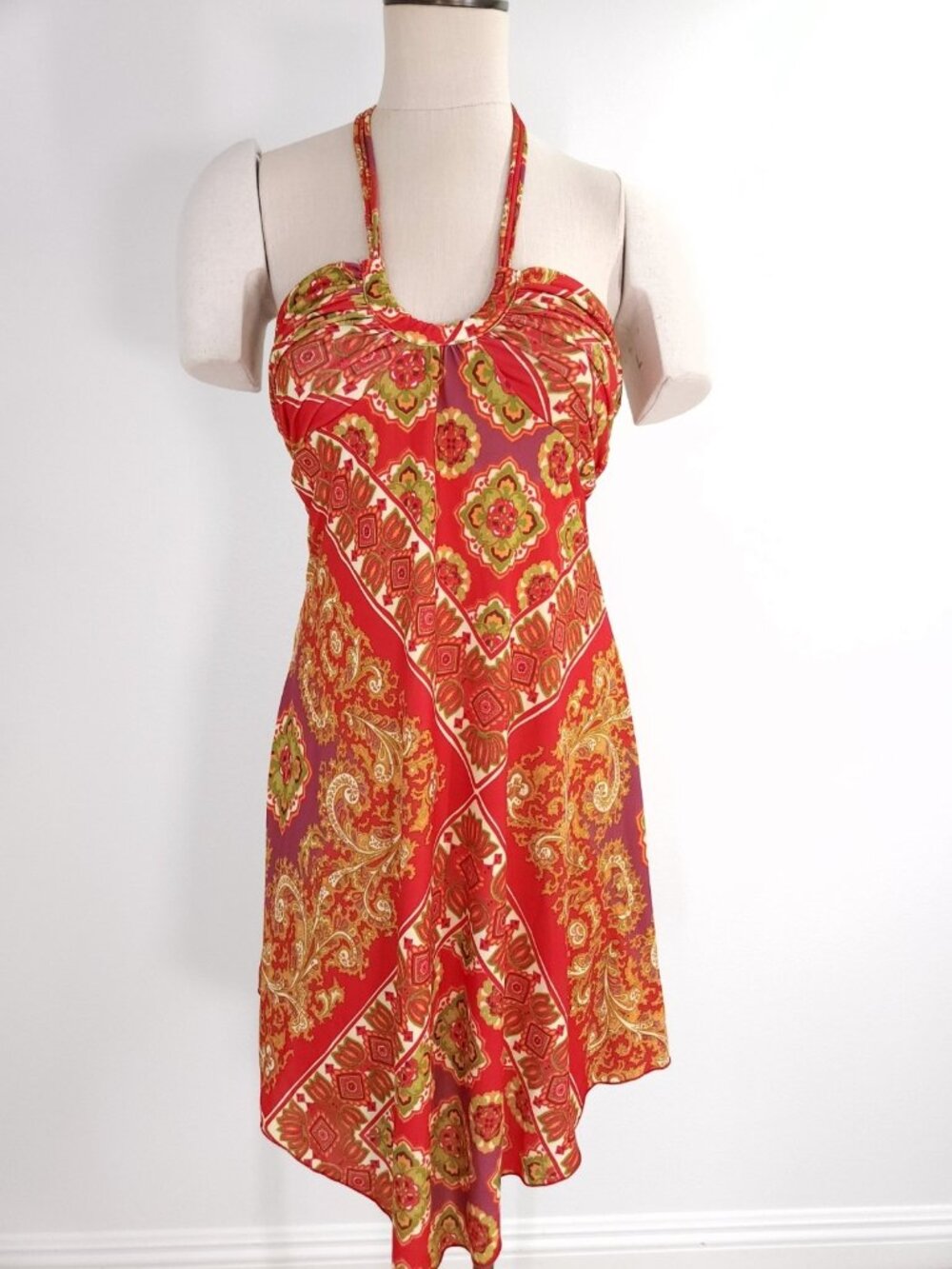 Rubber Ducky Boho Paisley Halter Mini Dress Size Medium Handkerchief Hem